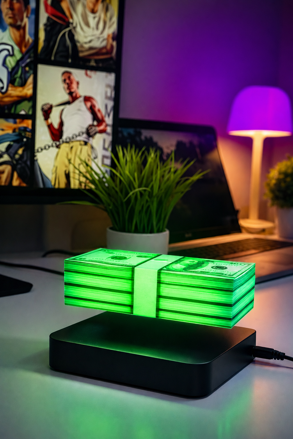 Magnetic floating money lamp shaped like illuminated dollar bundle, novelty wealth decor night light gift idea